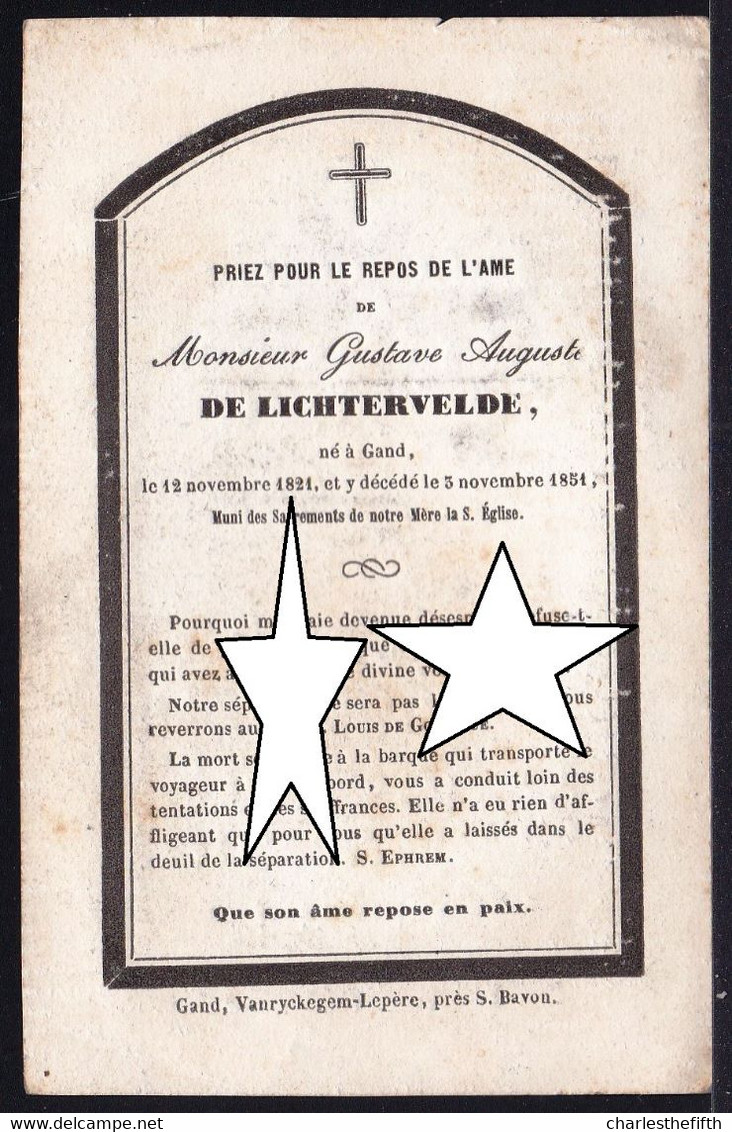 NOBLESSE - ADEL - IMAGE DE DECES * GUSTAVE AUGUSTE DE LICHTERVELDE 1821 ( Gand ) -1851 - Zeldzaam ! - Images Religieuses