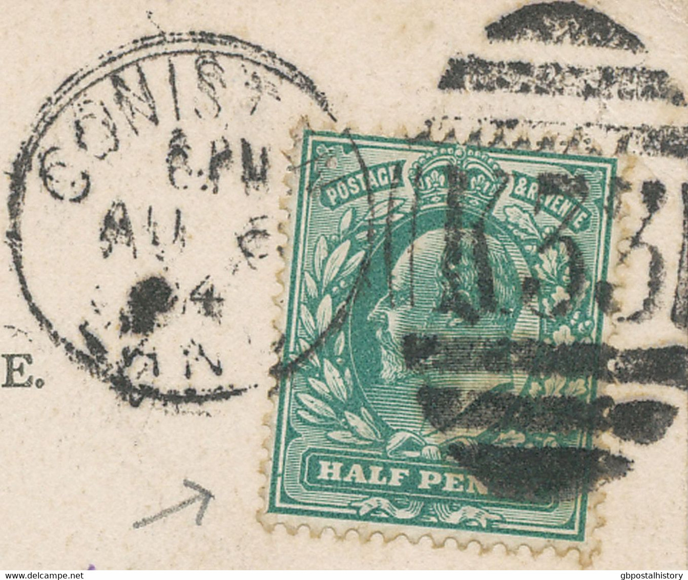GB 1904 King Edward 1/2d Bluegreen VF Postcard MAJOR VARIETY: FRAMEBREAK (S.G. M1m) - Errors, Freaks & Oddities (EFOs