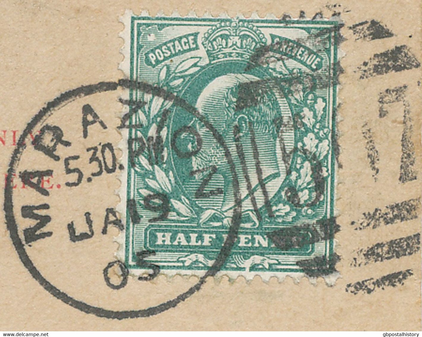 GB 1905 King Edward 1/2d Bluegreen VF Pc Duplex Postmark  MARAZION / 507 VARIETY (S.G. M1h, Michel No. 102 I / III) - Variétés, Erreurs & Curiosités