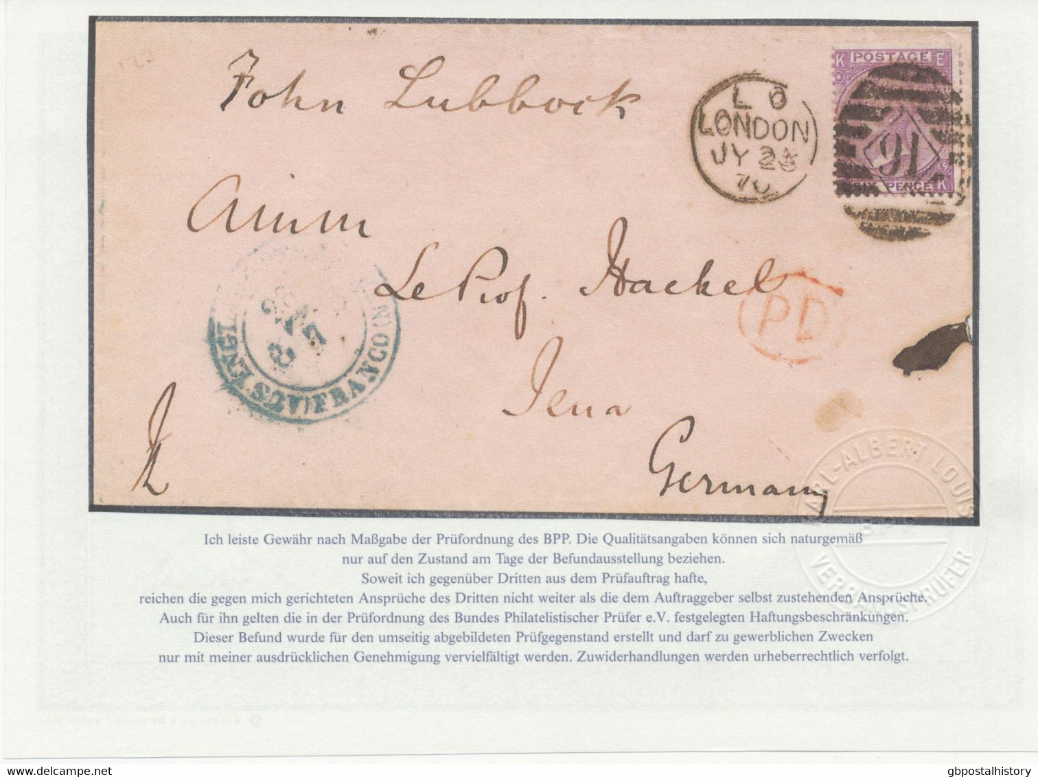 GB 1870 VF Cvr W QV Large White Corner Letters 6D Mauve Pl.9 EARLIEST USAGE - EXPERTIZED - ....-1951 Pre-Elizabeth II