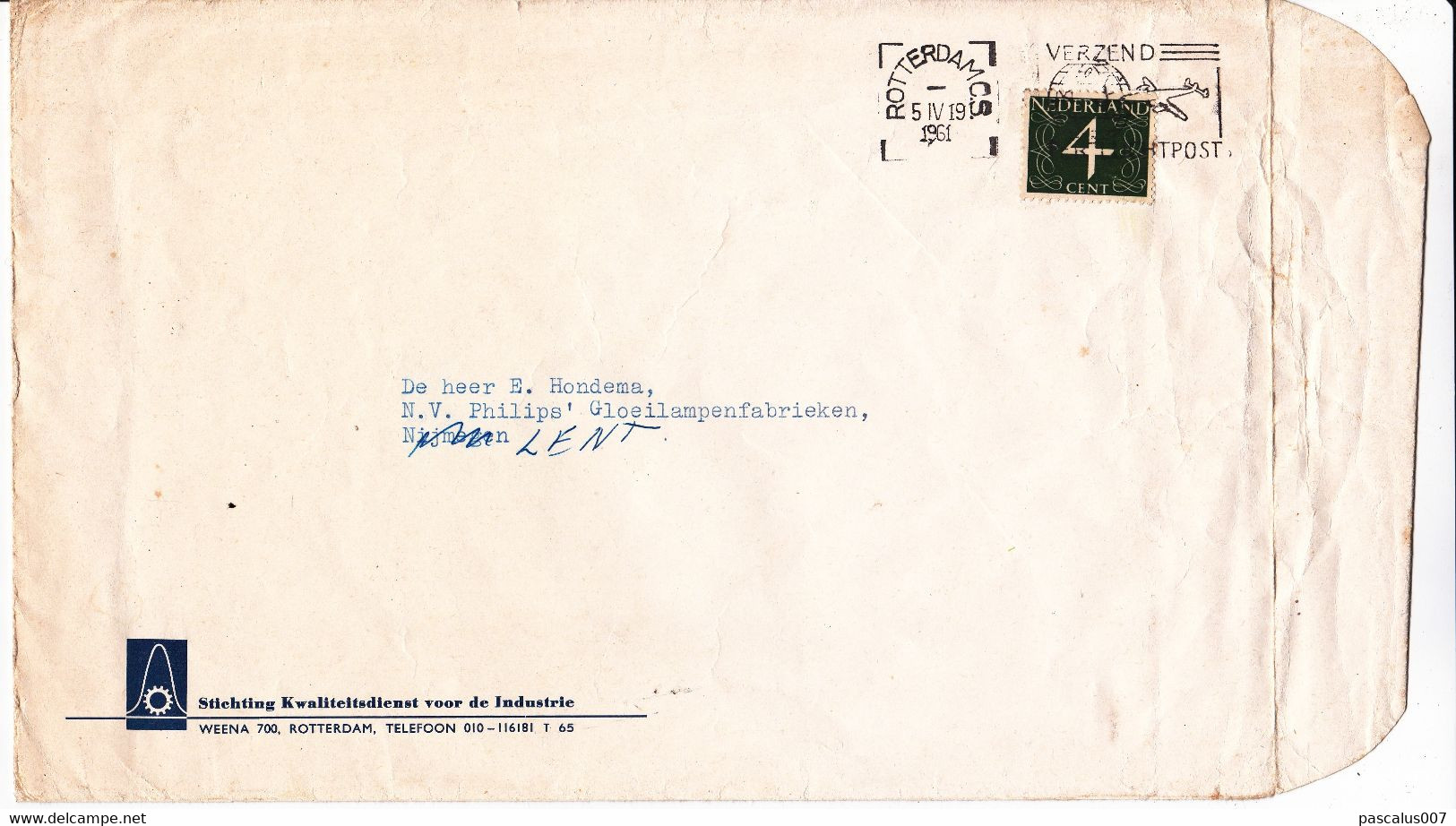 B01-367  Enveloppe Pays-Bas Hollande Flamme Monde Avion Rotterdam 5-4-1961 - Unclassified