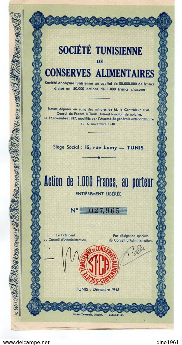 VP18.023 - Afrique - TUNISIE - TUNIS 1948 - Action - Société Tunisienne De Conserves Alimentaires - Afrika