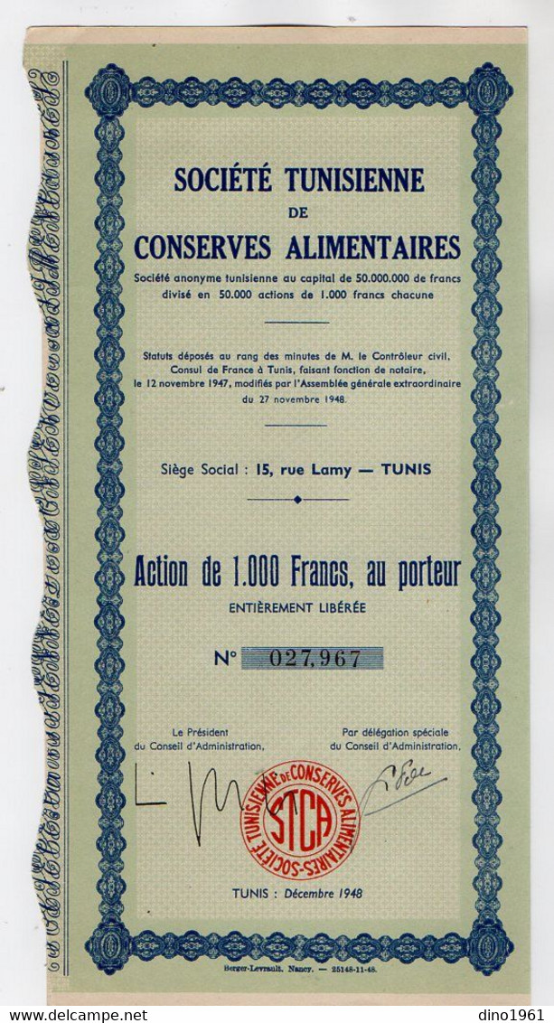 VP18.024 - Afrique - TUNISIE - TUNIS 1948 - Action - Société Tunisienne De Conserves Alimentaires - Afrique