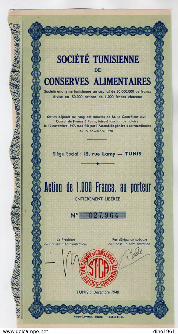 VP18.025 - Afrique - TUNISIE - TUNIS 1948 - Action - Société Tunisienne De Conserves Alimentaires - Afrika