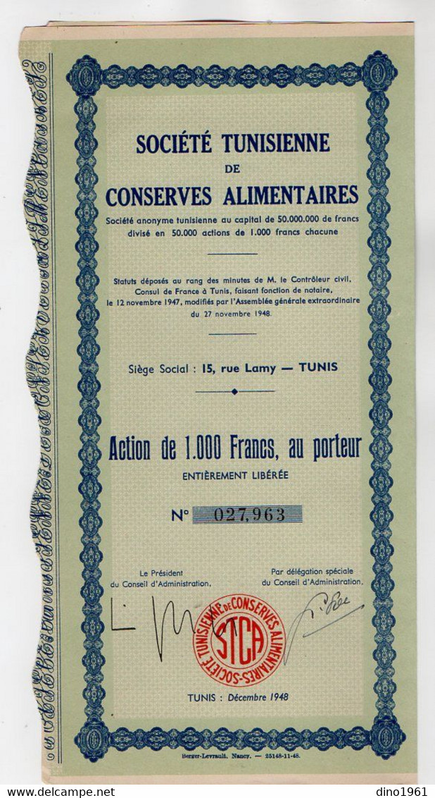 VP18.026 - Afrique - TUNISIE - TUNIS 1948 - Action - Société Tunisienne De Conserves Alimentaires - Afrika