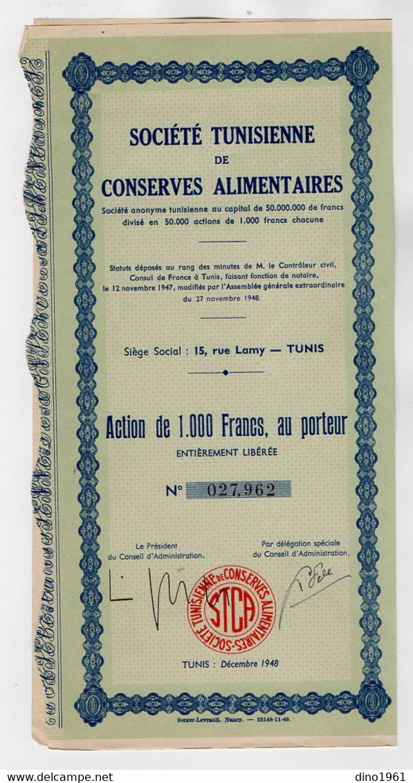 VP18.027 - Afrique - TUNISIE - TUNIS 1948 - Action - Société Tunisienne De Conserves Alimentaires - Afrique