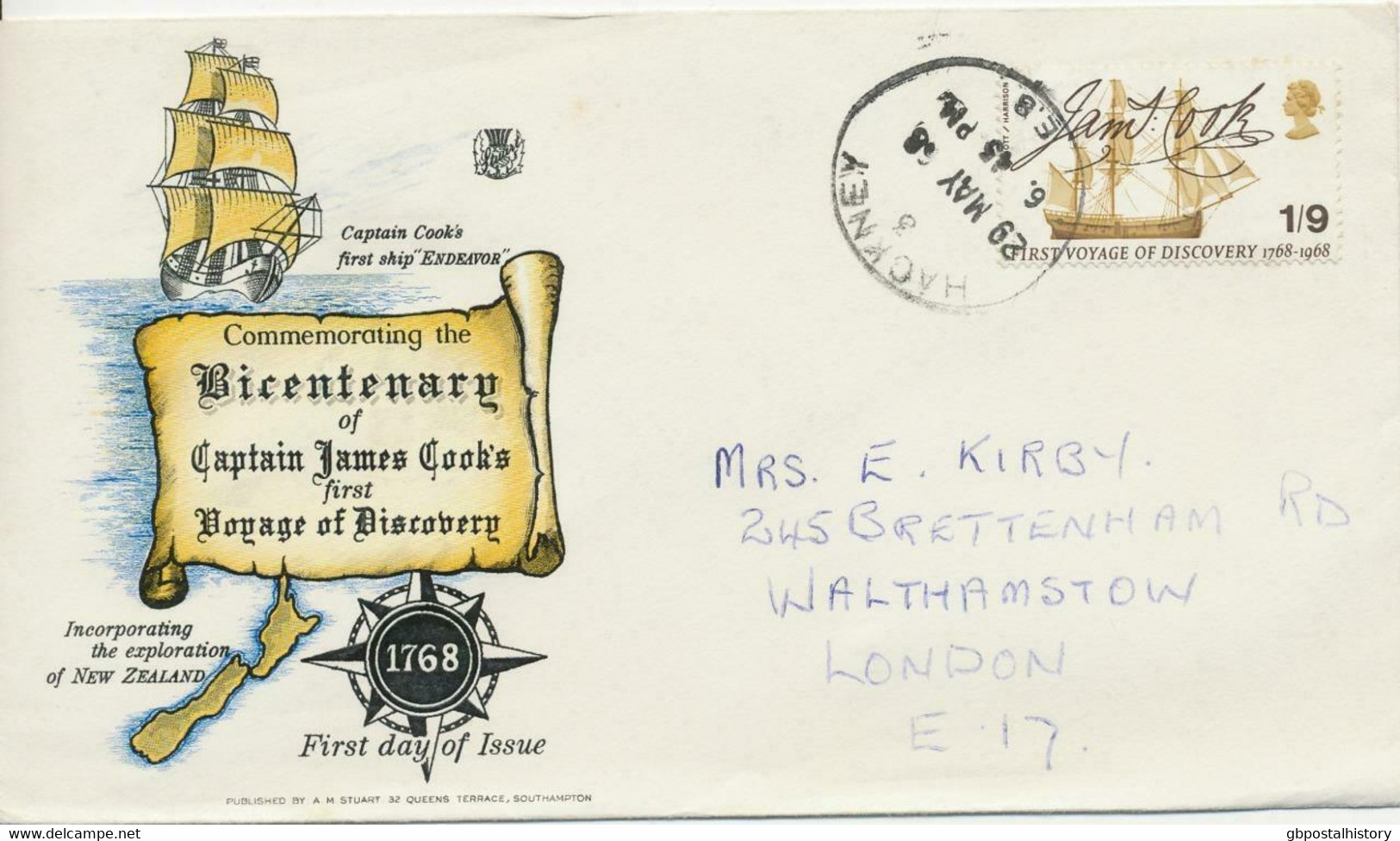 GB 1968, British Anniversaries Captain Cook 1/9 On Superb FDC With Large CDS HACKNEY / E.8 (LONDON), SG 770 - 1952-1971 Em. Prédécimales