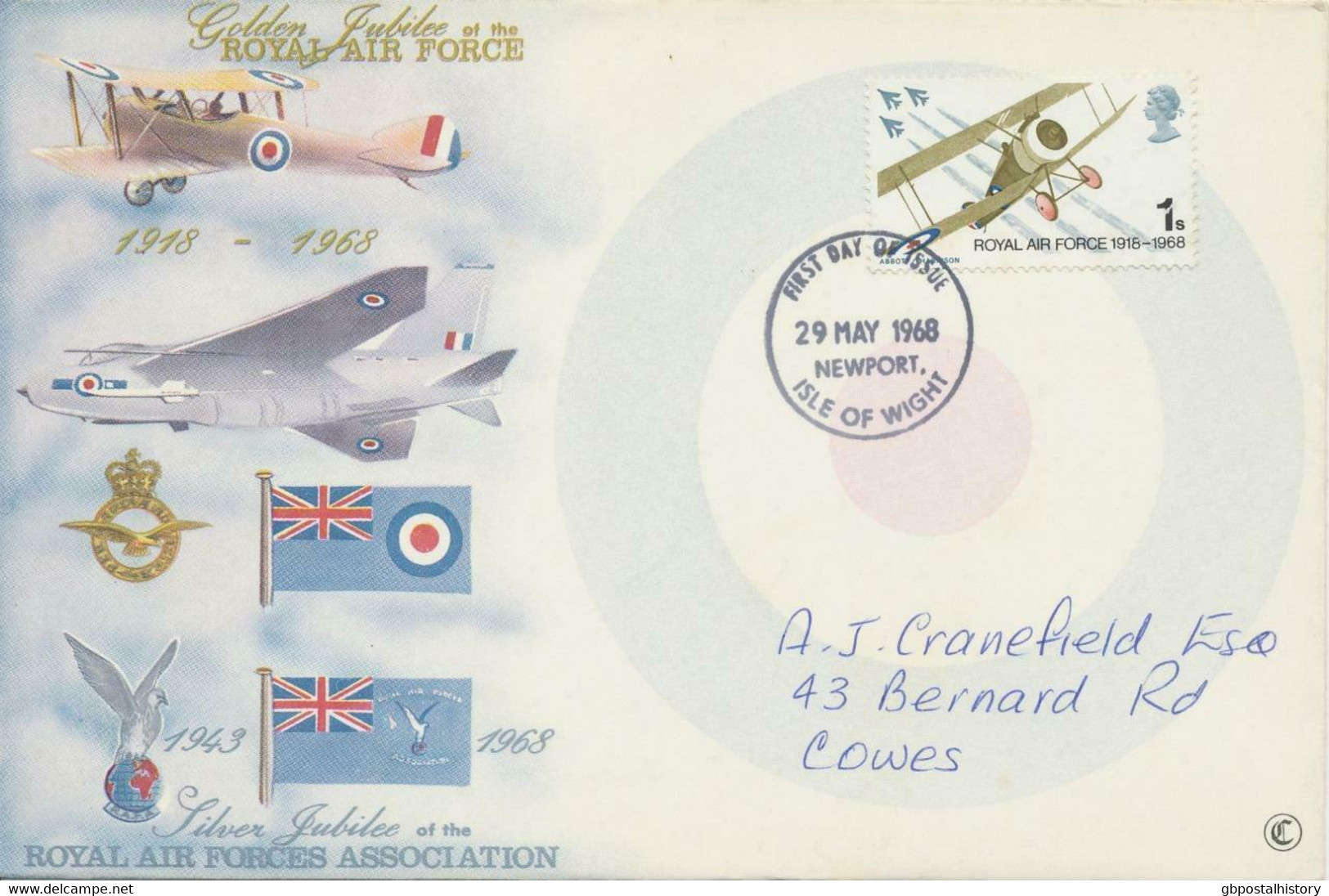 GB 1968 British Anniversaries Royal Air Force 1/- FDC NEWPORT, ISLE OF WIGHT - 1952-1971 Em. Prédécimales