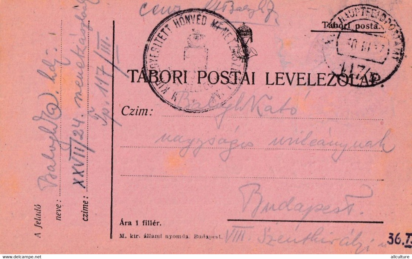 A2094- TABORI POSTAI LEVELEZO-LAP BUDAPEST STAMPED  1924 MILITARY  USED - WO1