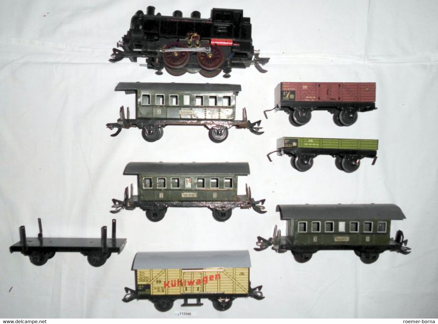 Zeuke Modellbahn Dampflok mit 7 Waggons Spur 0 im Originalkarton um1950 (113345)