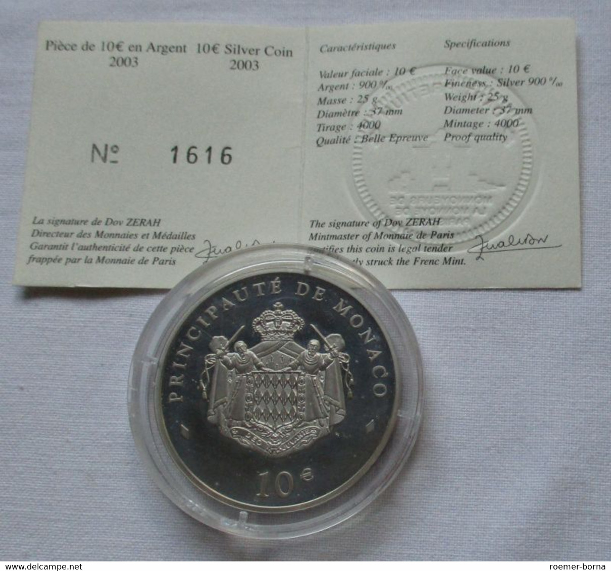 10 Euro Monaco 2003 PP '80.Geburtstag Fürst Rainier III' Box/Zertifikat (134670) - Monaco