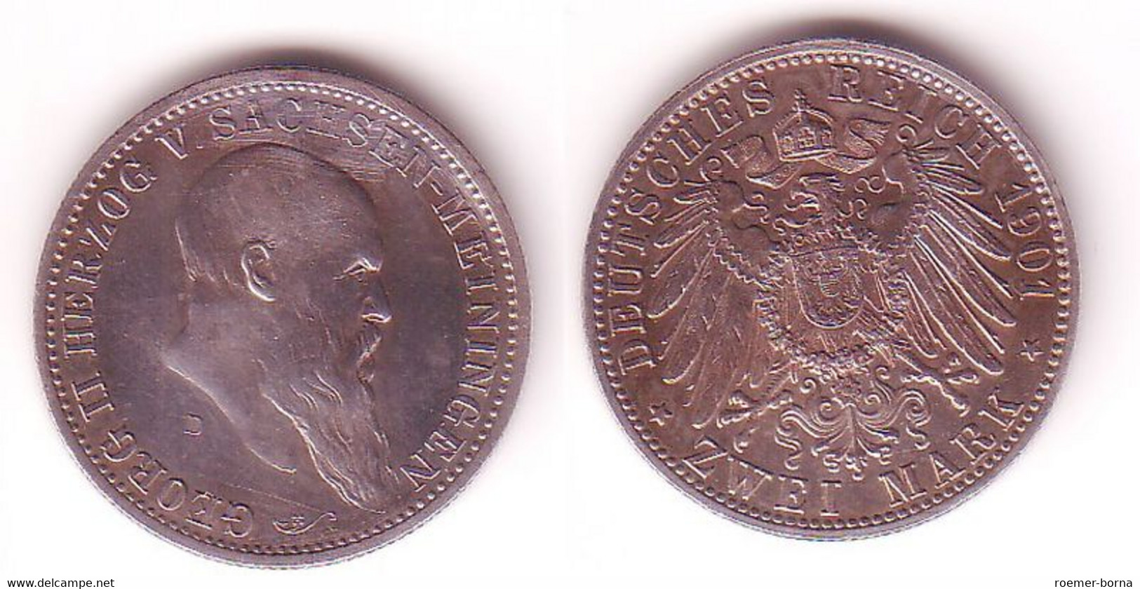 2 Mark Silber Münze Sachsen Meiningen Herzog Georg II 1901 Vz+ (105504) - 2, 3 & 5 Mark Argent