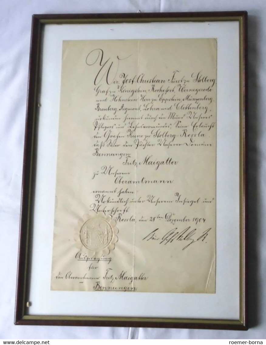 Bestallungsurkunde Mit Autograph Vom Fürst Zu Stolberg 1904 (116778) - Autographes