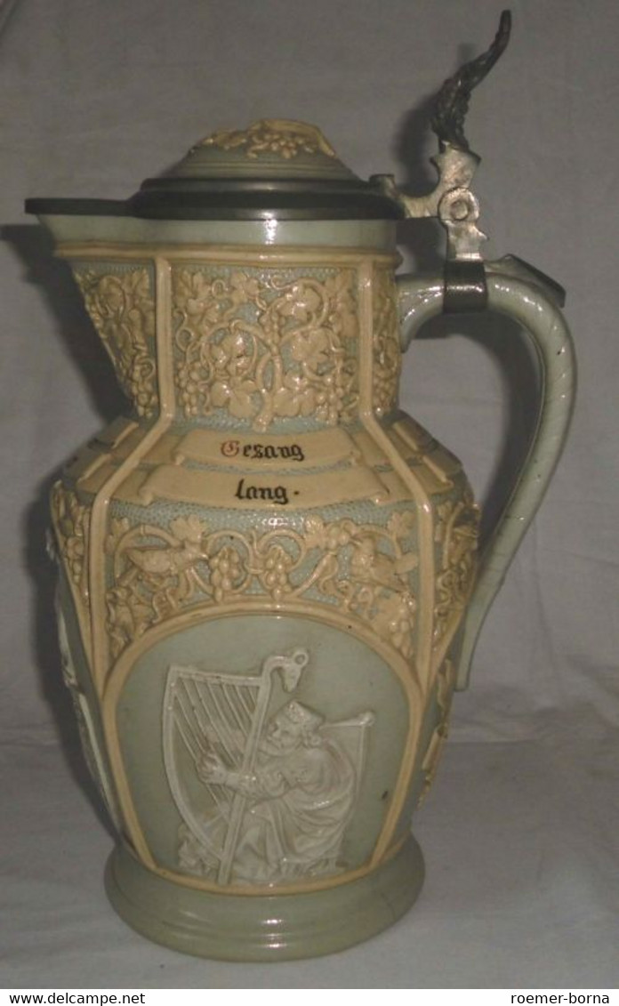 Alter Keramik Krug Wein-Weib-Gesang Mit Deckel Villeroy & Boch Mettlach Um 1920 - Autres & Non Classés