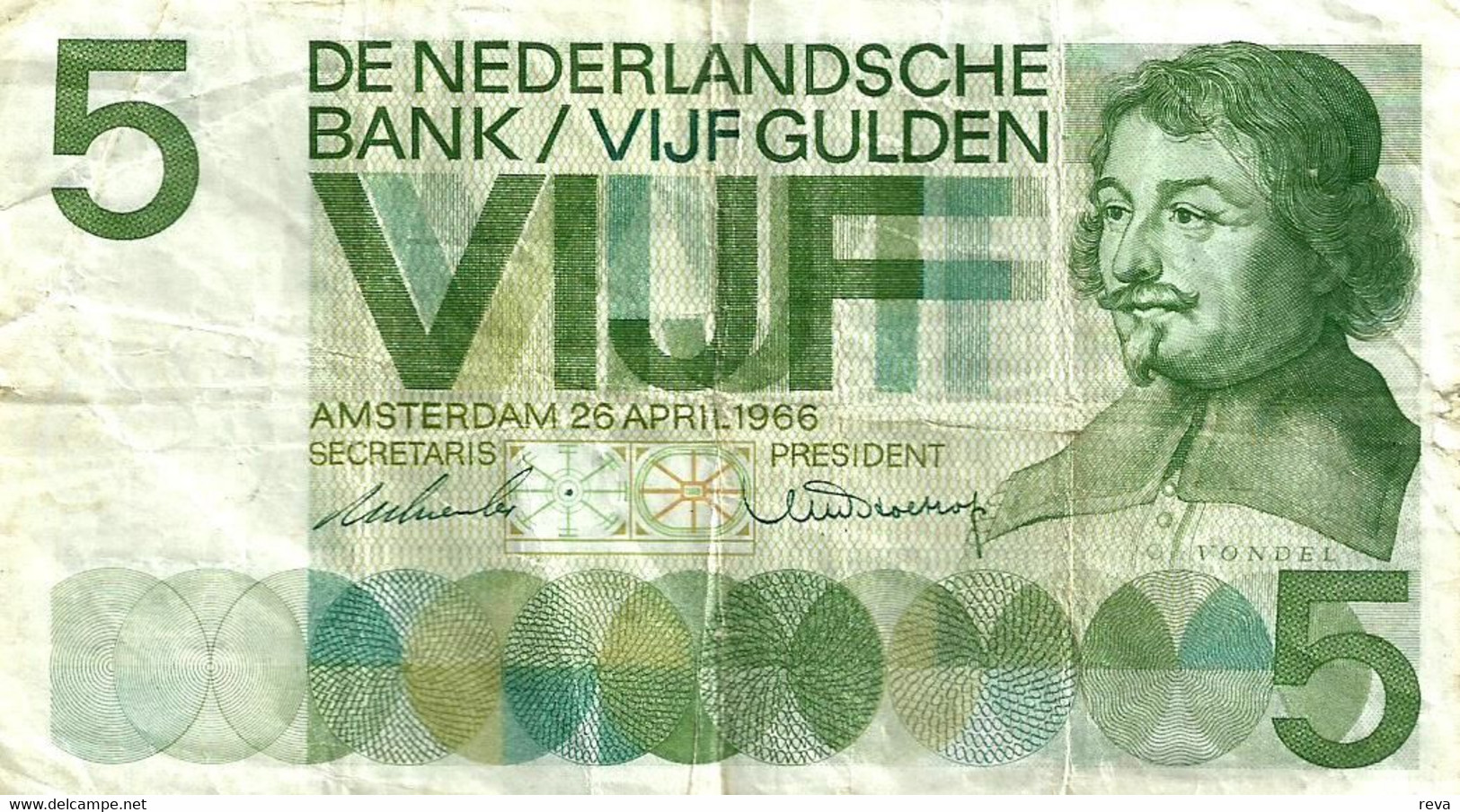 NETHERLANDS 5 GULDEN GREEN MAN FRONT MOTIF L BACK DATED 26-04-966) P90a VF READ DESCRIPTION !! - 5 Gulden
