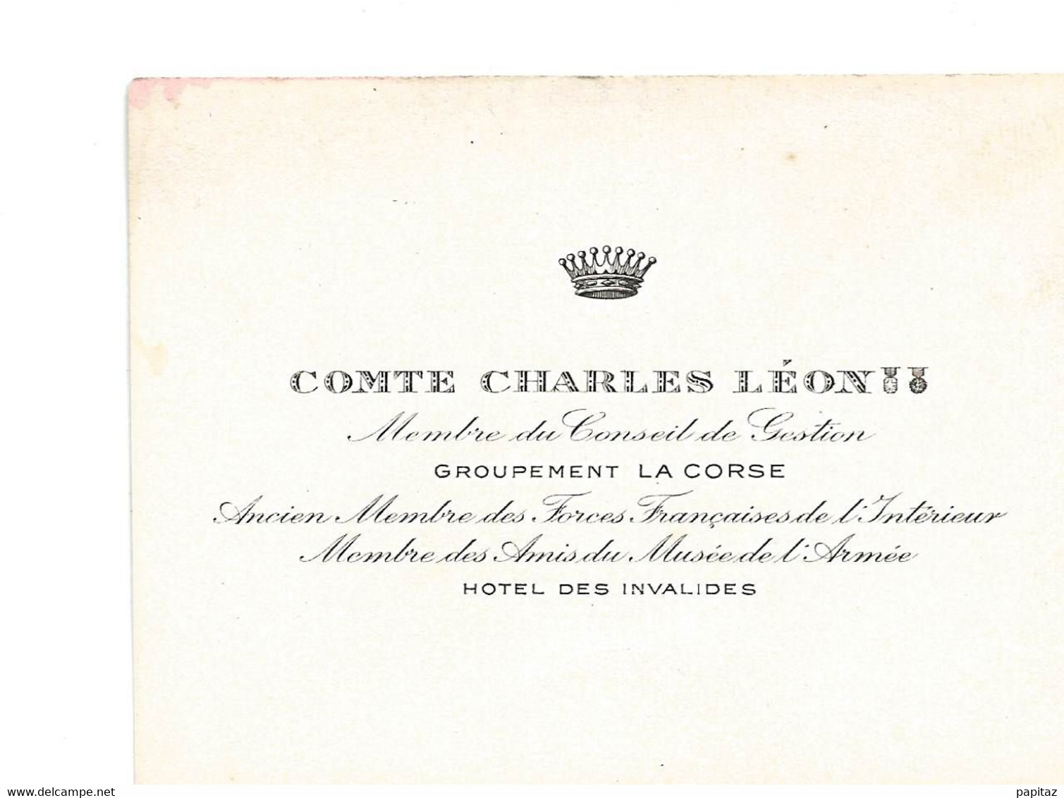 CARTE DE VISITE DE COMTE CHARLES LÉON - Andere & Zonder Classificatie