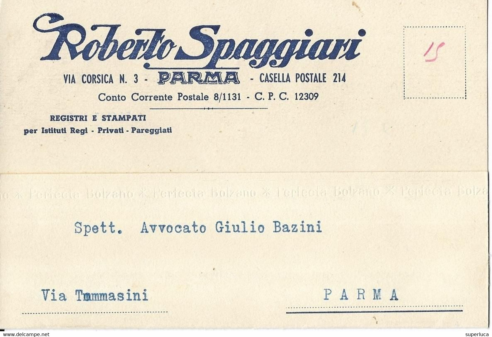 8-PARMA-ROBERTO SPAGGIARI -TIPOGRAFIA EDITRICE-CARD COMMERCIALE 1942 - Parma