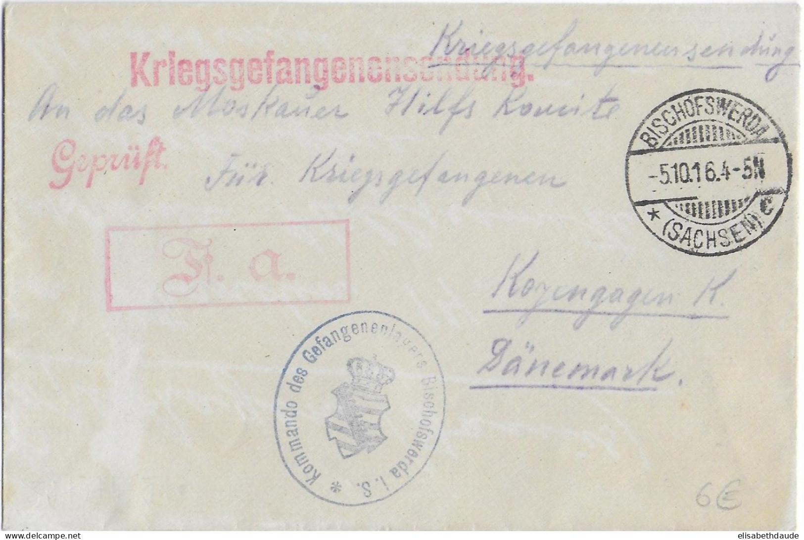 1916 - PRISONNIERS De GUERRE RUSSES - KRIEGSGEFANGENEN - ENVELOPPE Du OFFLAG De BISCHOFSWERDA => MOSKAUER HILFSKOMITEE - Brieven En Documenten