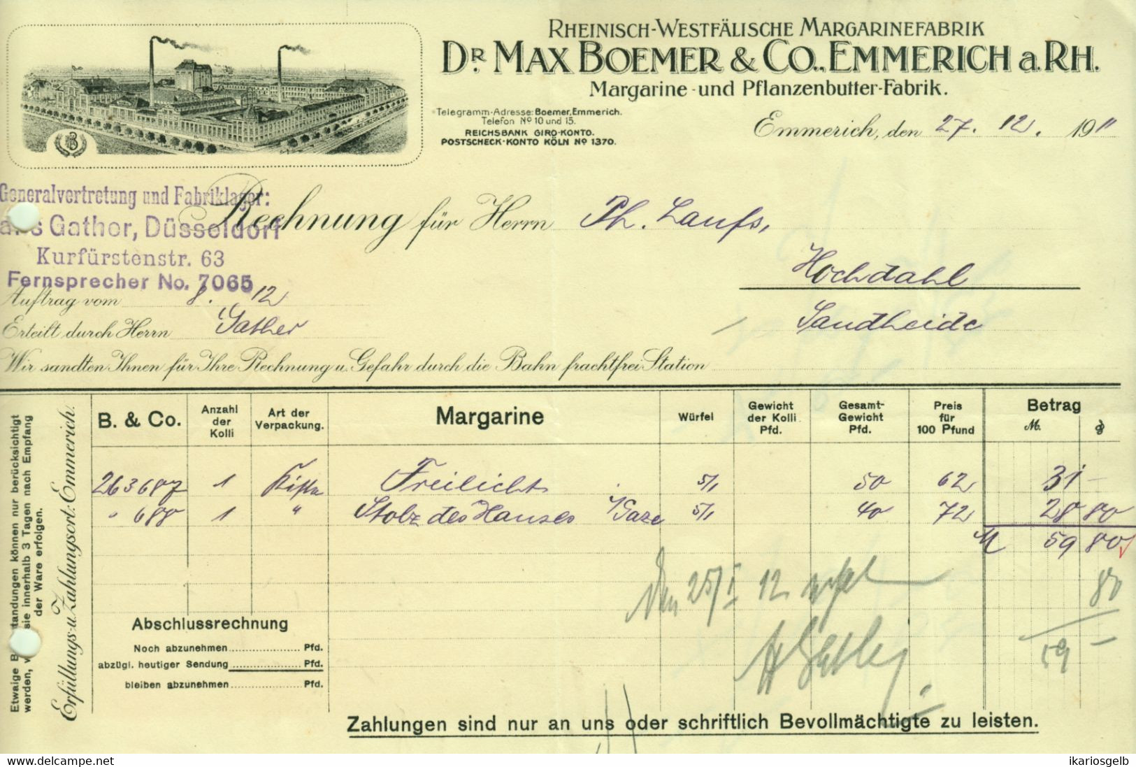 EMMERICH 1911 Rechnung Deko " Dr.Max Boemer & Co Rhein.-Westf. Margarinefabrik " - Lebensmittel