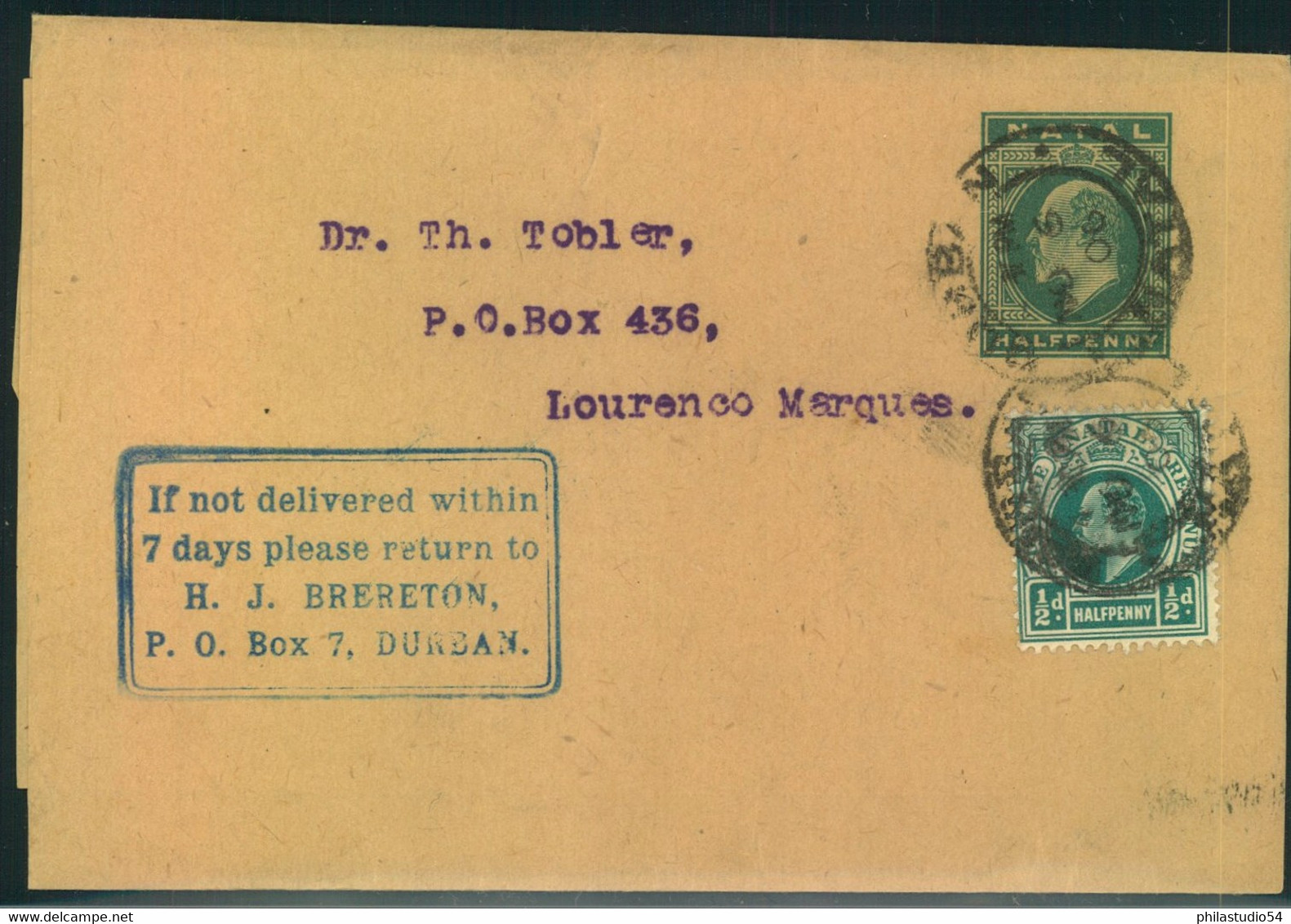 1906, Uprated Wrapper From Durban To Lourence Marques, Arrival Mark On Reverse. - Natal (1857-1909)