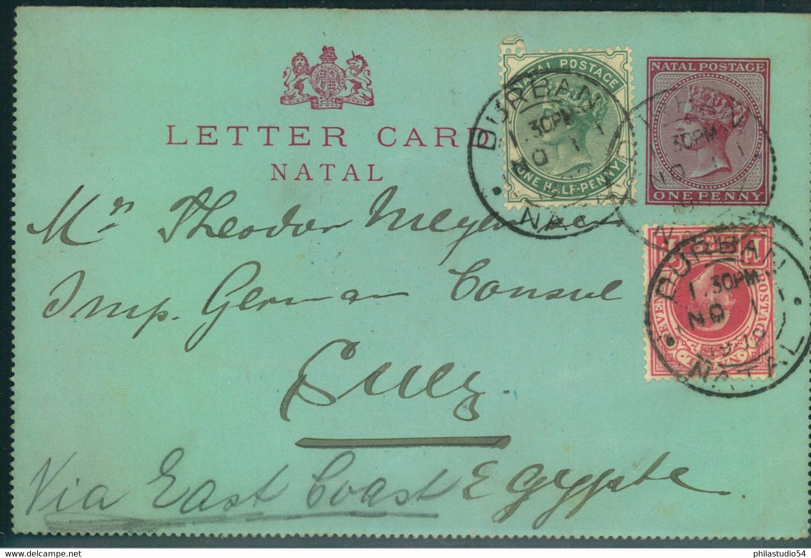 1902, Uprated Card Leter DUrBAN To SUEZ - Natal (1857-1909)