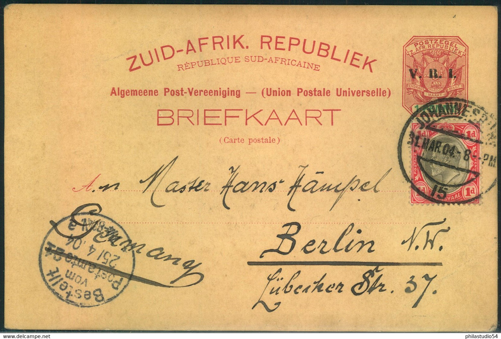 1904, Stationery Card "V.R.I." With 1 D Additional Franking  From JOHANNESBURG To Berlin - Transvaal (1870-1909)