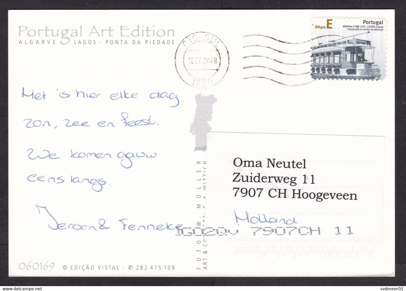 Portugal: Picture Postcard To Netherlands, 2008, 1 Stamp, Tram Trolley Car, Public Transport, E Rate (traces Of Use) - Storia Postale