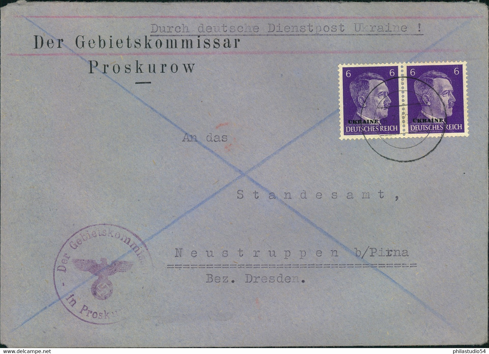 1942 DEUTSCHE DIENSTPOST: Ukaine, An Das Standesamt Neustruppen (Prina), Abs. "Gebietskommissar Proskurow" - Andere & Zonder Classificatie