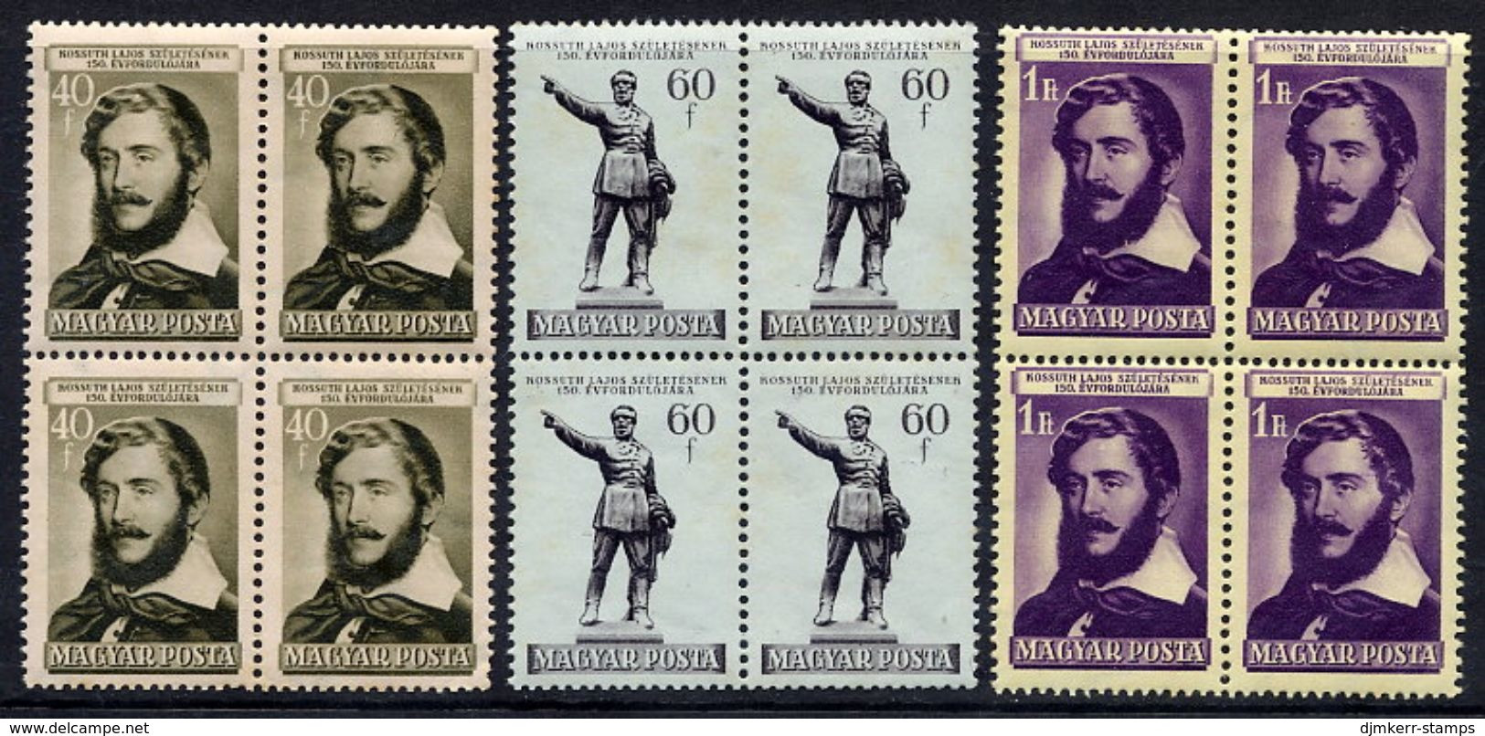 HUNGARY 1952 Kossuth Anniversary Blocks Of 4 MNH / **.  Michel 1265-67 - Unused Stamps