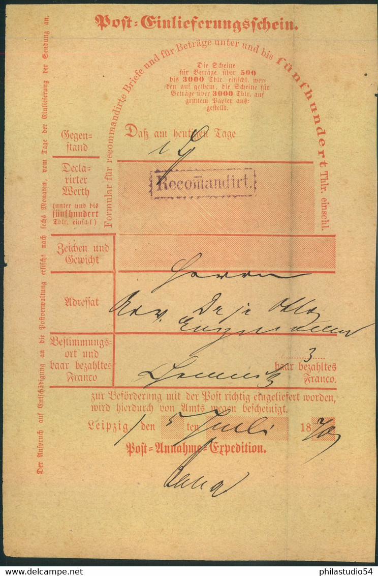 1870, Ortsdruck-Postschein "Recommandi LEIPZIG - Saxe