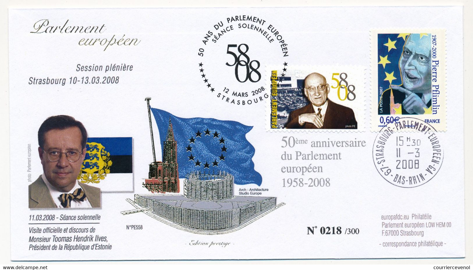 Env Affr 0,60 Flimlin + Vignette - Cad Strasbourg Parlement Européen GA -11/03/2008 - M. Thomas Hendrick Ilves (Estonie) - Storia Postale