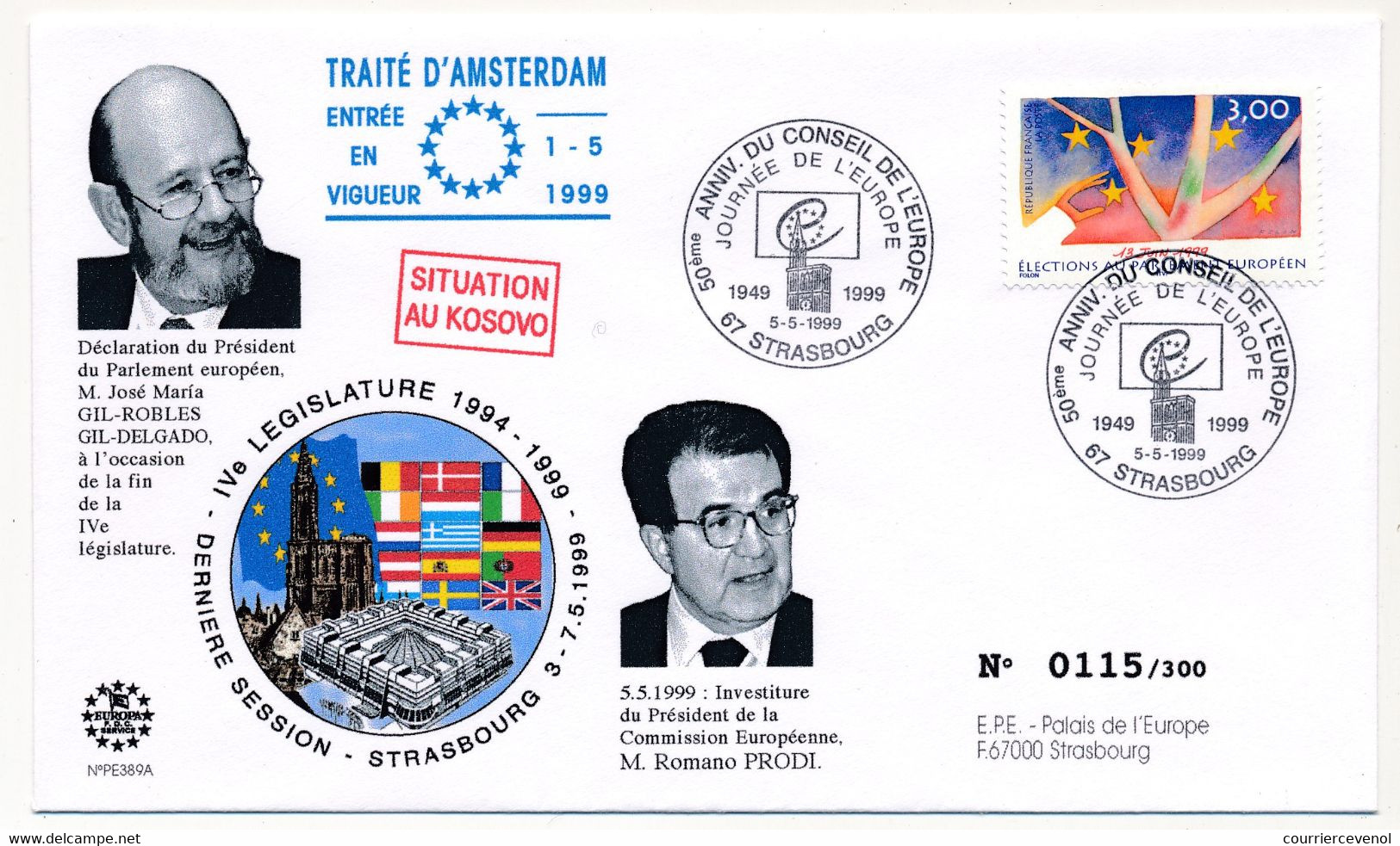 Env Affr 3,00 Elections Conseil Européen - Cad Strasbourg Journée De L'Europe 5/05/1999  - MM. Romano Prodi / Gil Robles - Lettres & Documents