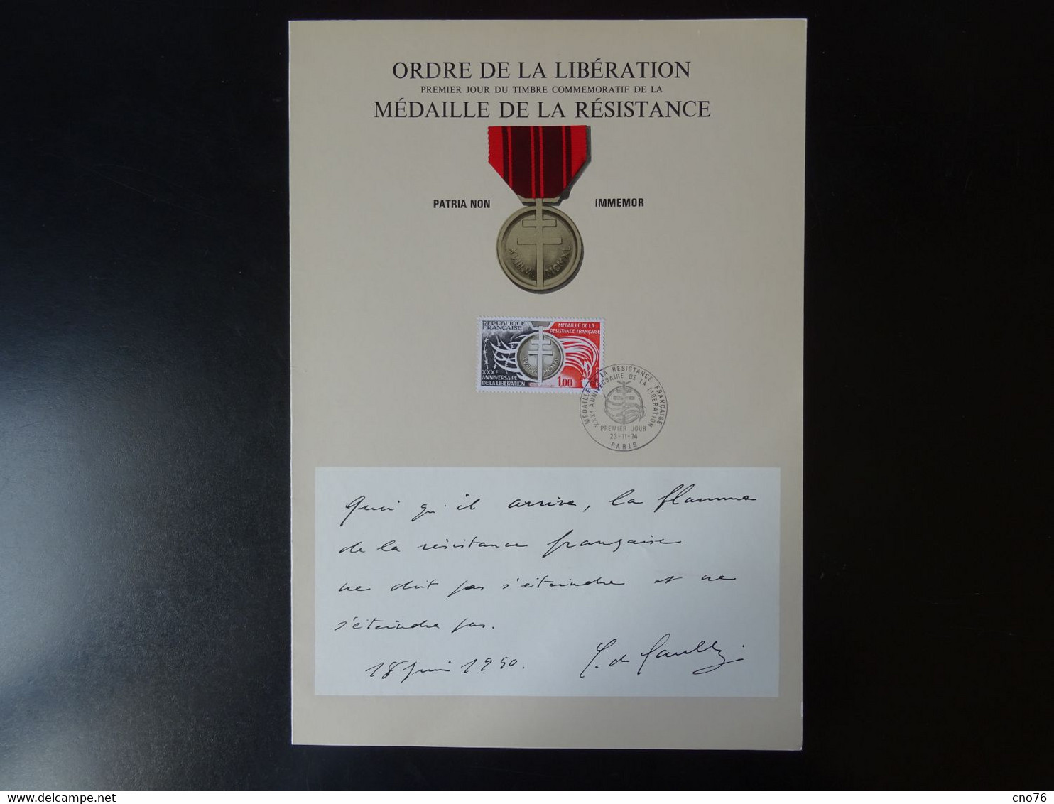 Médaille De La Résistance Française, 30 ème Anniversaire De La Libération Oblitération Du 23 Novembre 1974 - Other & Unclassified