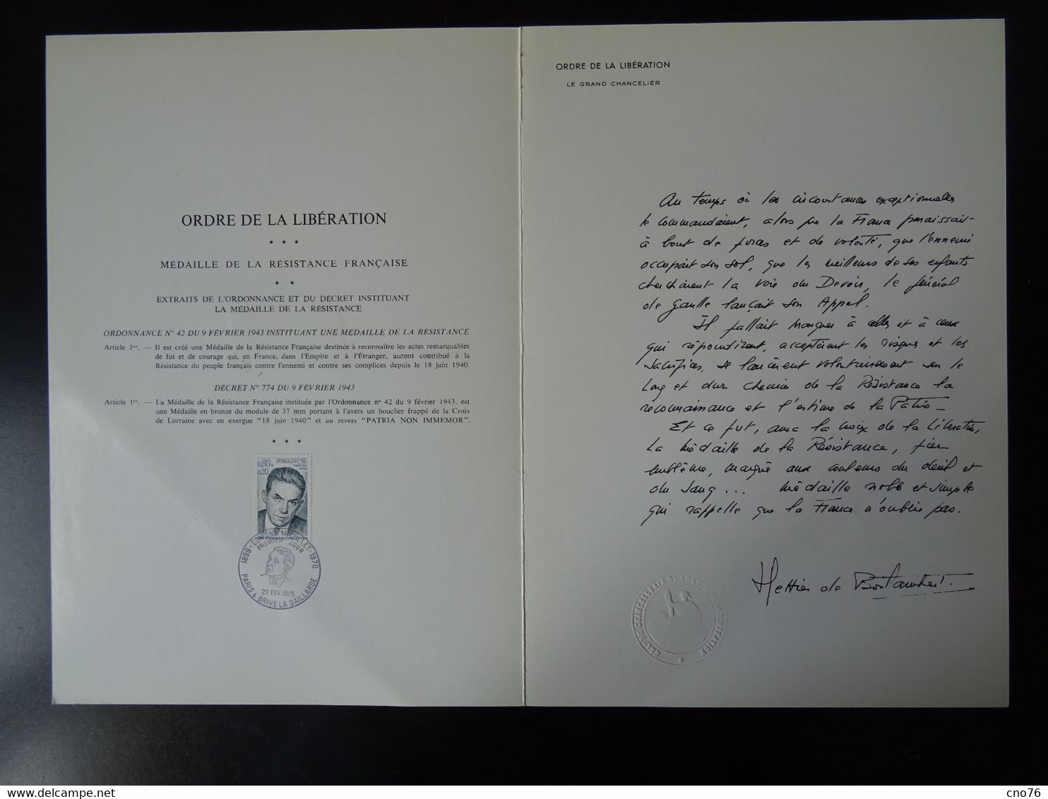 Médaille De La Résistance Française, 30 ème Anniversaire De La Libération Oblitération Du 23 Novembre 1974 - Other & Unclassified