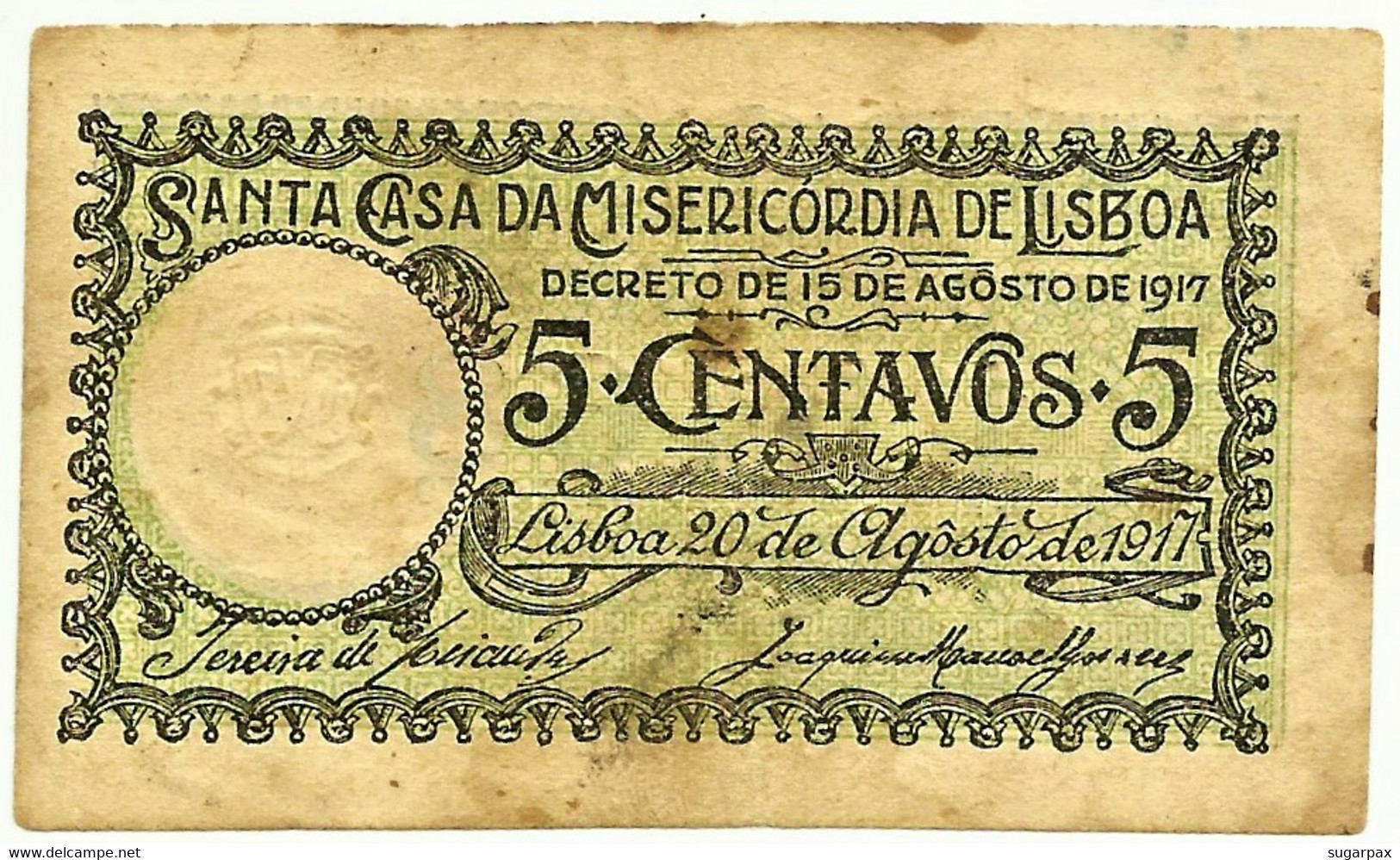 Santa Casa Da Misericórdia De Lisboa - 5 Centavos 20.08.1917 - SÉRIE GZ - M. A. N.º 1 - Portugal Cédula Notgeld - Portugal