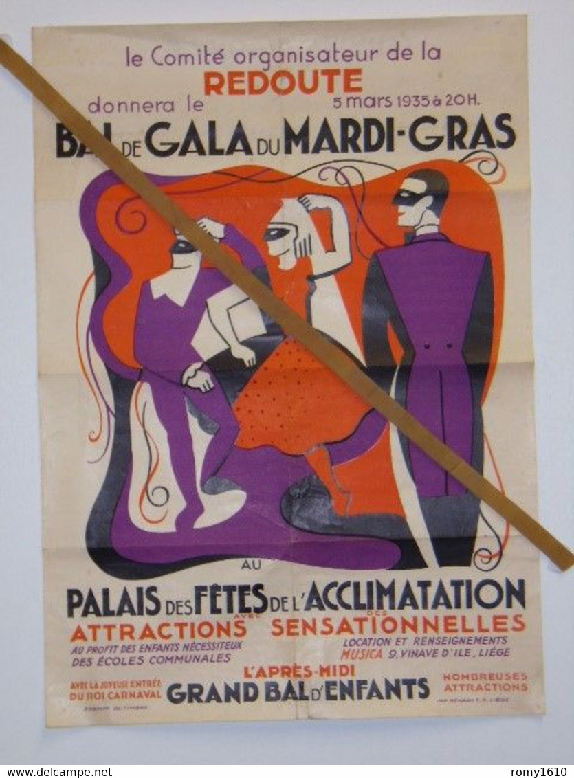 LIEGE . AFFICHE BAL De GALA Du MARDI GRAS, CARNAVAL, Au Palais Des Fêtes De L'Acclimatation 1935. 2 Scans - Affiches