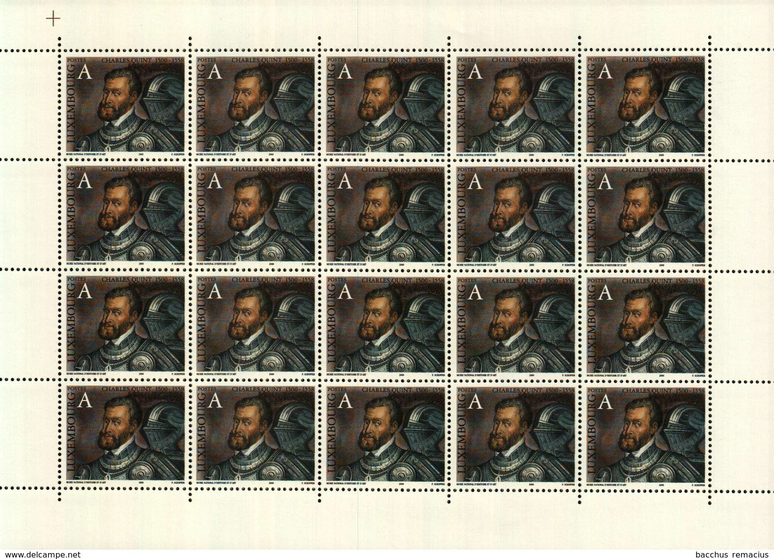 Luxembourg Feuille De 20 Timbres "A"  500. Anniversaire De Charles-Quint 2000 - Volledige Vellen