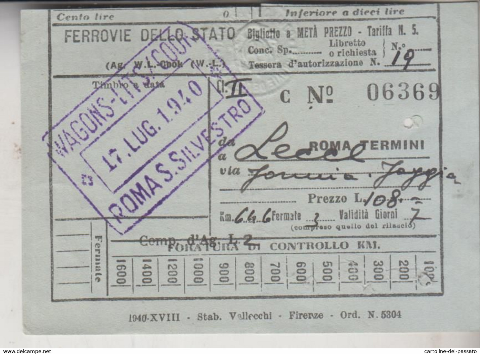 Biglietto Ticket Buillet Ferrovie Dello Stato Regno 1940 Roma  Lecce - Europe