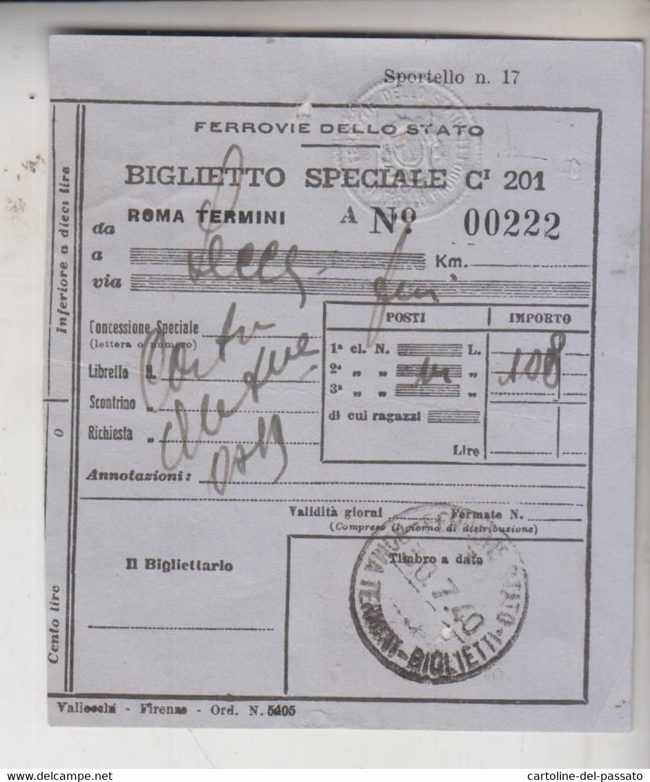 Biglietto Ticket Buillet Ferrovie Dello Stato Regno 1940 Roma  Lecce - Europe