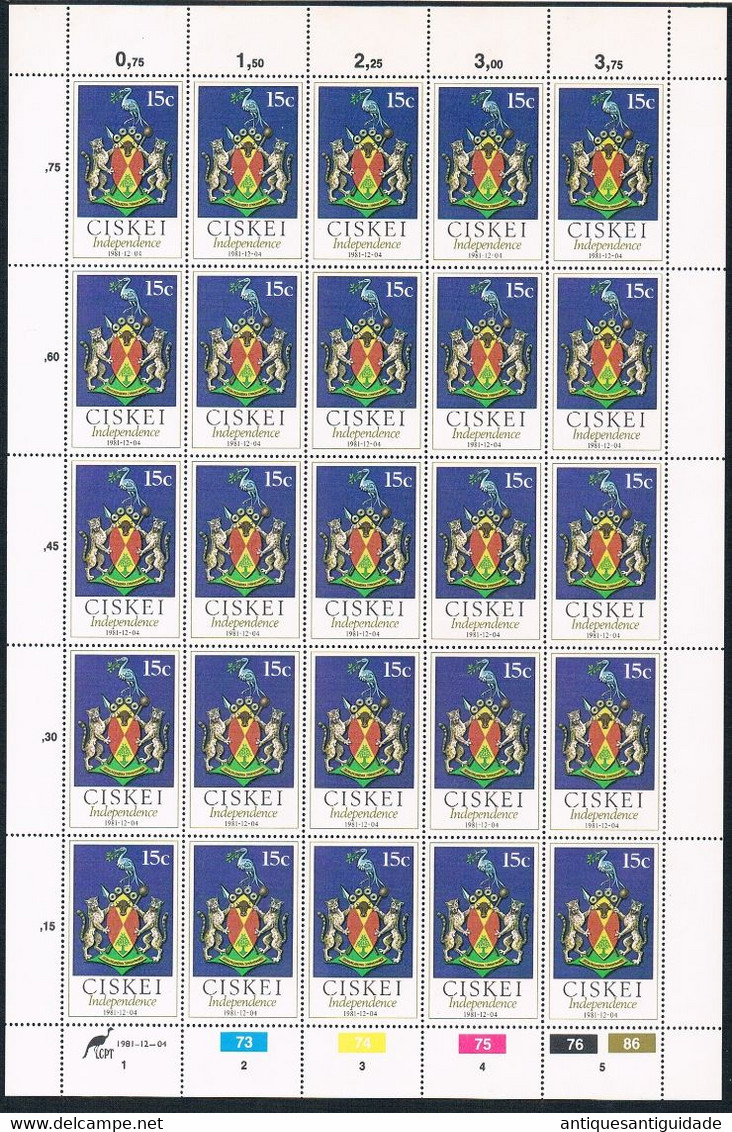 1981  South Africa - CISKEI - Independence - 15 Cents - Sheet Of 20 MNH - Nuovi