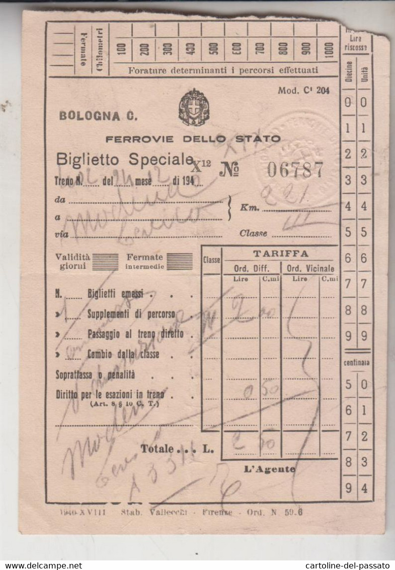 Biglietto Ticket Buillet Speciale Ferrovie Dello Stato Regno 1940 Bologna  Levico - Europa