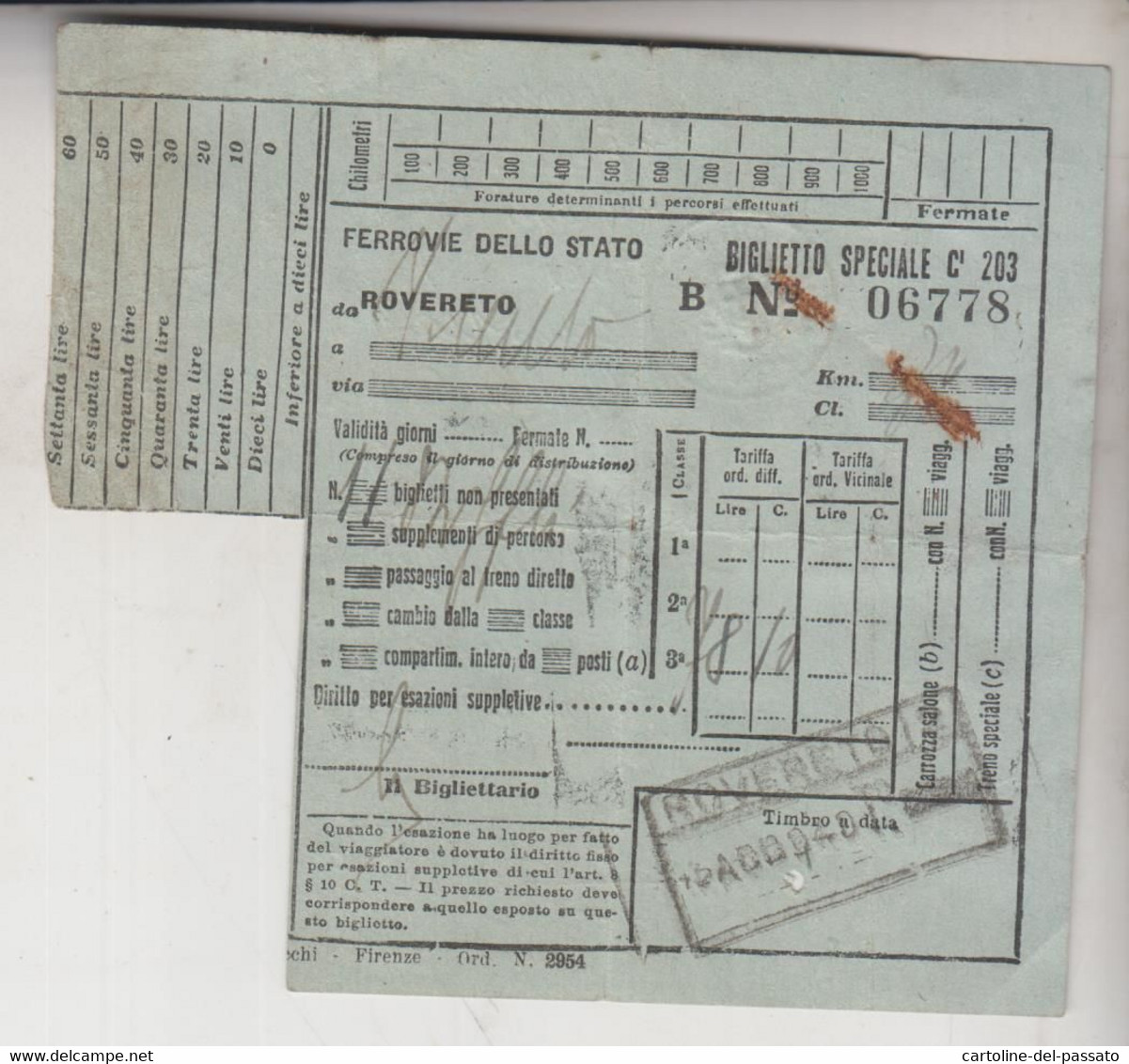 Biglietto Ticket Buillet Biglietto Ticket  Ferrovie Dello Stato Rovereto   Trento Regno 1940 - Europa