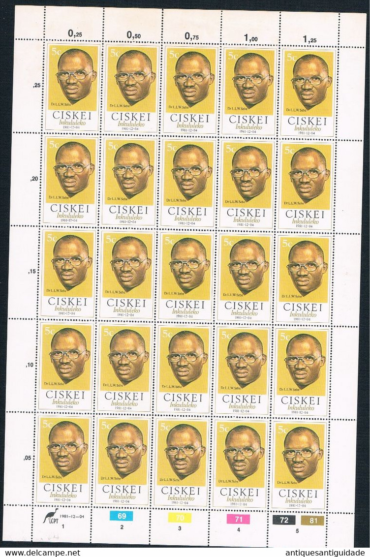 1981  South Africa - President Lennox Leslie Wongama Sebe - CISKEI - Inkululeko - 5 Cents - Sheet Of 20 MNH - Unused Stamps