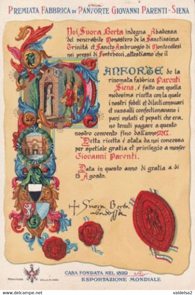 SIENA - CARTOLINA PUBBLICITARIA PREMIATA FABBRICA DI PANFORTE GIOVANNI PARENTI FONDATA NEL 1829 - Siena