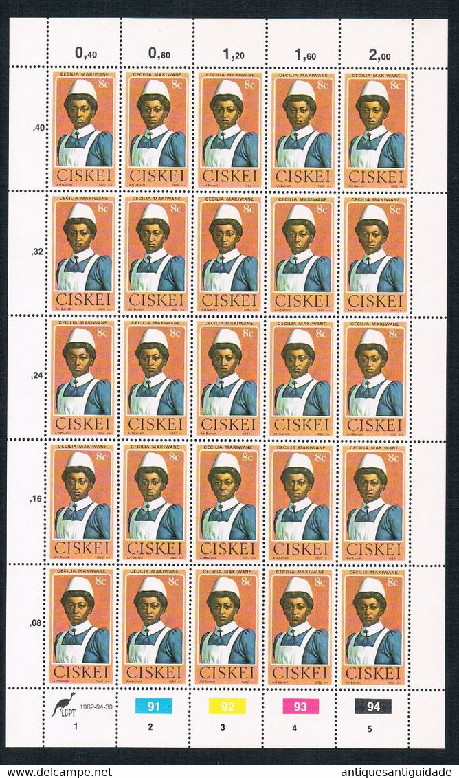 1982  South Africa - CISKEI - Cecilia Makiwane - 8 Cents - Sheet Of 20 MNH - Ungebraucht