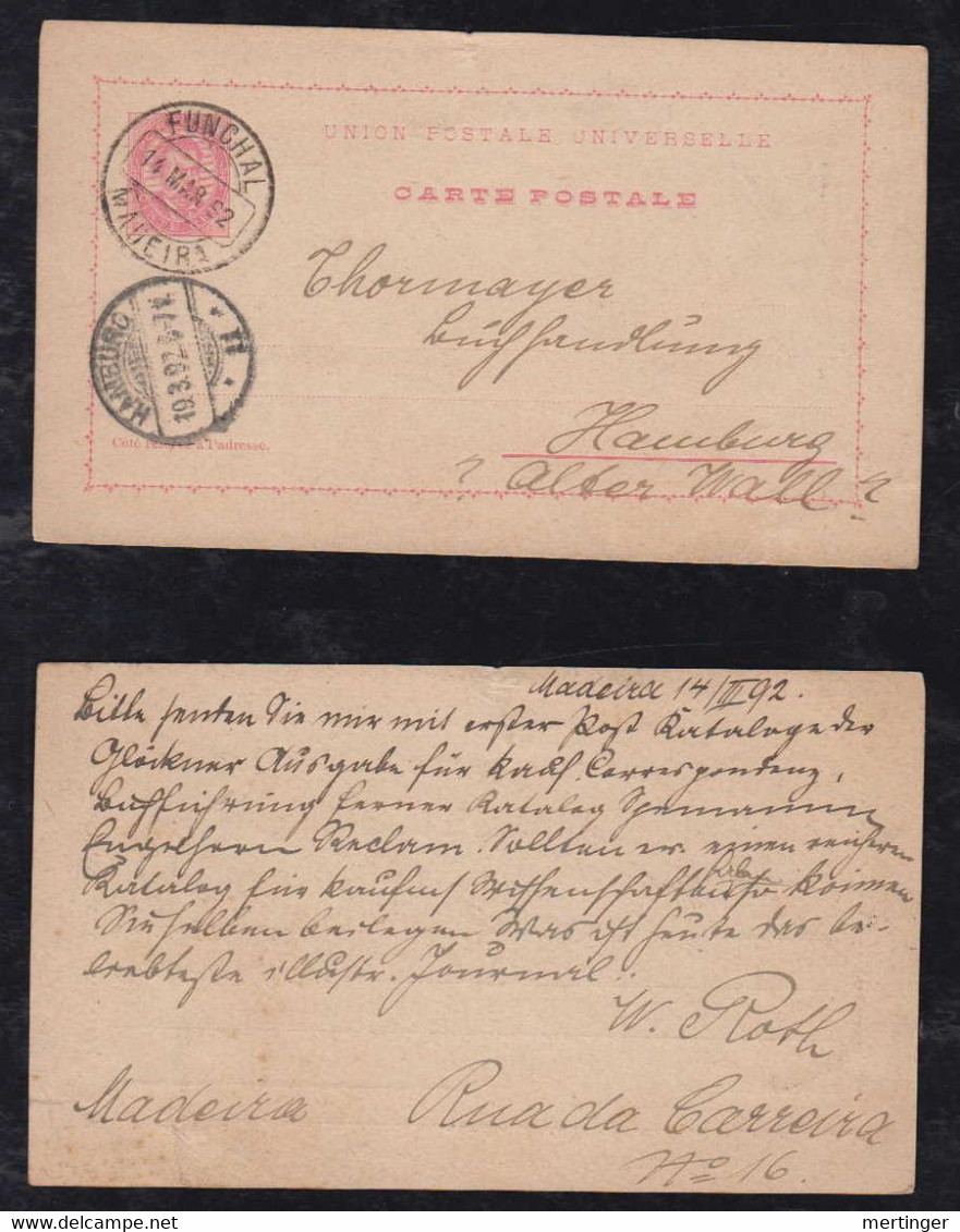 Portugal FUNCHAL 1892 Stationery Postcard MADEIRA To HAMBURG Germany - Funchal