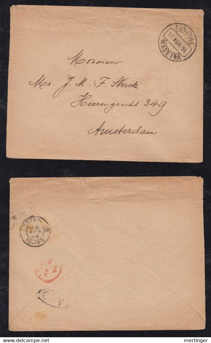 Portugal FUNCHAL 1894 Stationery Envelope MADEIRA To AMSTERDAM Netherlands Via LONDON - Funchal
