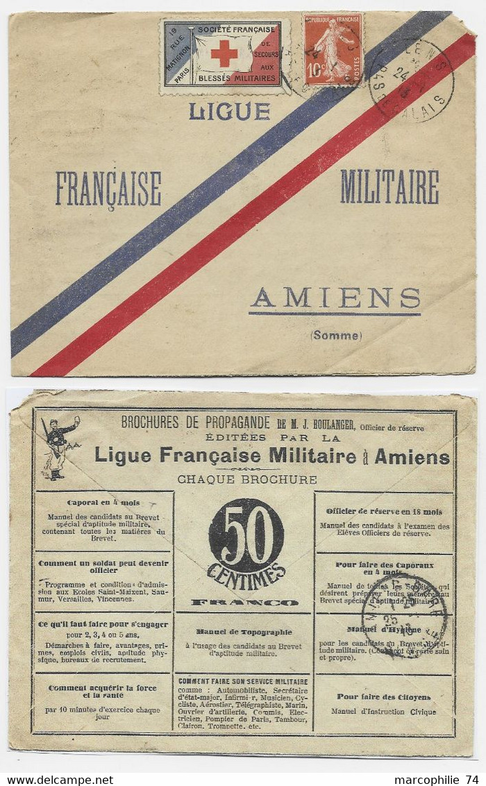 N° 138 LETTRE COVER LIGUE FRANCAISE MILITAIRE PUB AU DOS LENS 24.1.1913 + VIGNETTE CROIX ROUGE BLESSES MILITAIRES - 1877-1920: Semi Modern Period