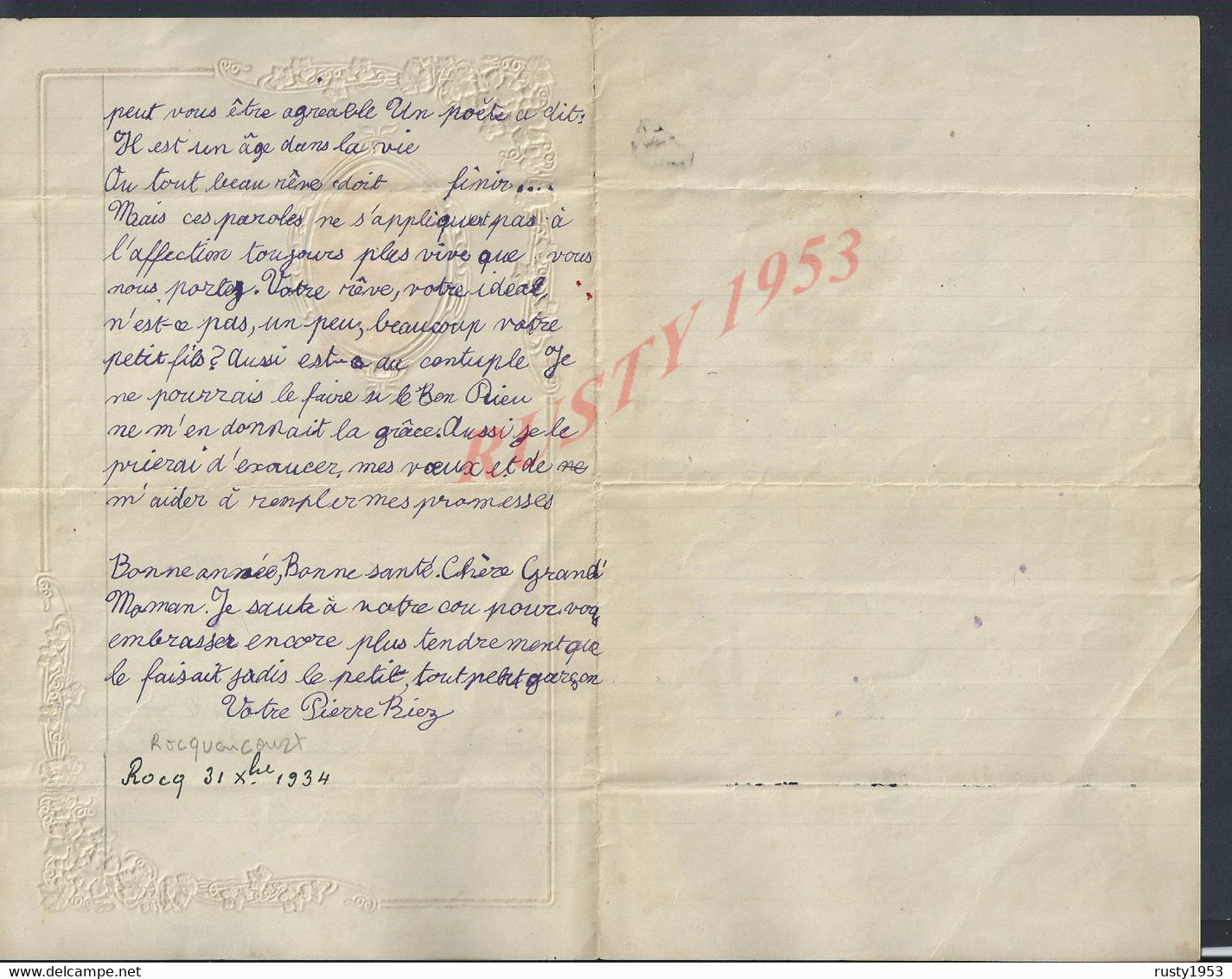 LETTRE ANCIENNE ILLUSTRÉE DE ROCQ NORD HAUTS DE FRANCE 1934 DÉCOUPIS FLEURS : - Fiori