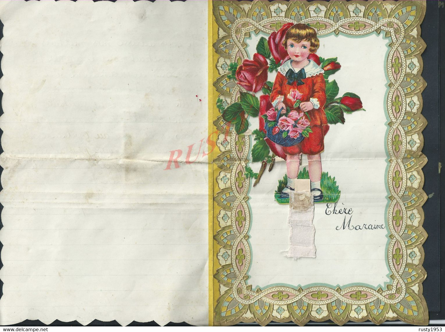 LETTRE ANCIENNE ILLUSTRÉE 1934 DÉCOUPIS JEUNE FILLE AVEC UN PANNIER DE FLEURS ROSES LIRE PARLE DE LONGUEVILLE 1939 : - Fiori